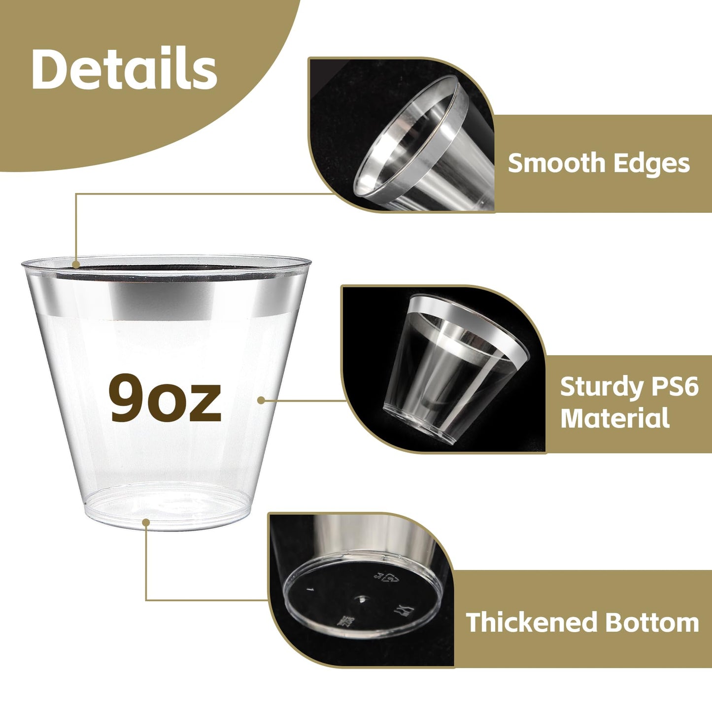 [200 Pack] 9oz Clear Plastic Cups with Silver Rimmed Sturdy & Food Safe Disposable Wine Glasses Party Wedding Disposable Drinking Cups Plastic Cocktail Glasses for Wine, Juice & Cold Beverages