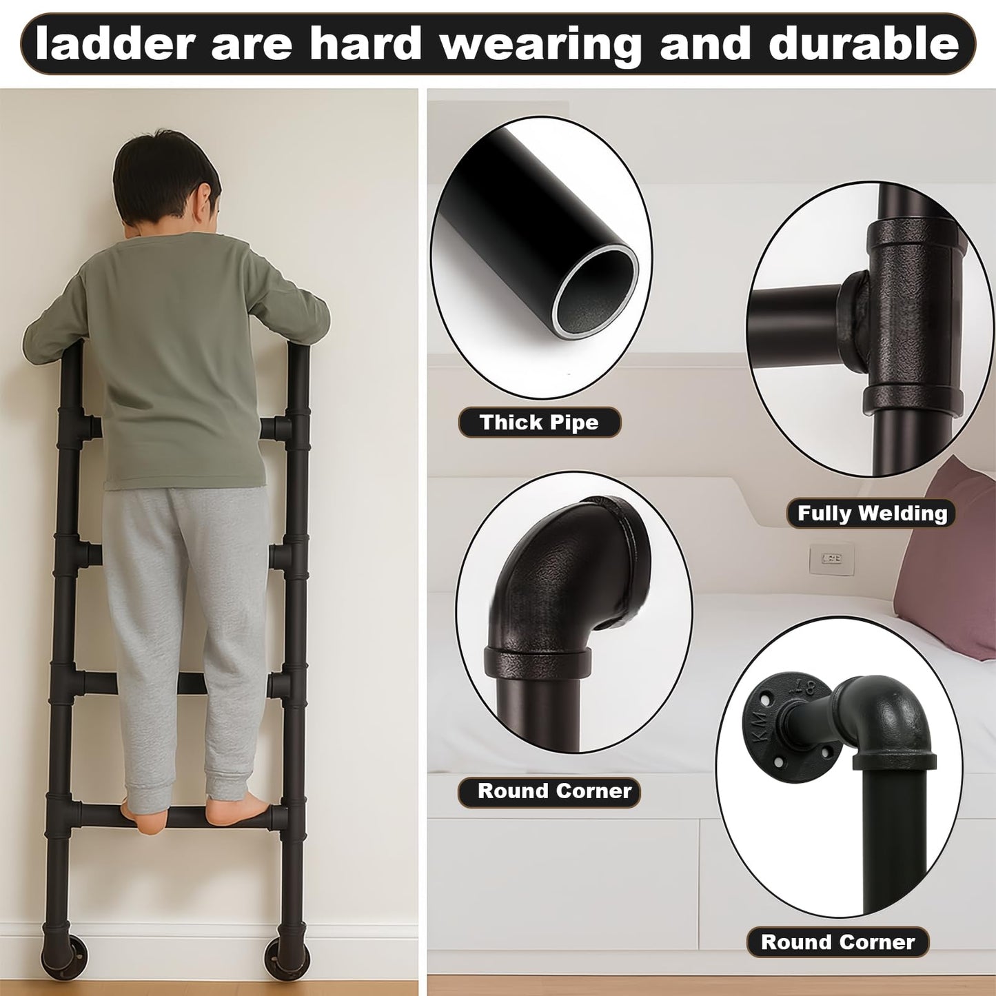 Black 3-Rung Window Well Ladder, 3FT Egress Wall Mounted Ladder for Indoor Climb Use, Wall/Floor Mountable Iron Step for Loft, Basement, Blanket Rack, Farmhouse, Space-Saving