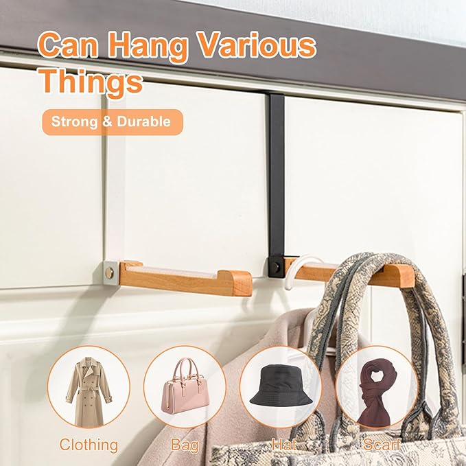 2 Pack Over The Door Hook Hanger Foldable Metal & Wood Door Hook Over The Door Hanging Rack Organizer for Clothes Coats Towels