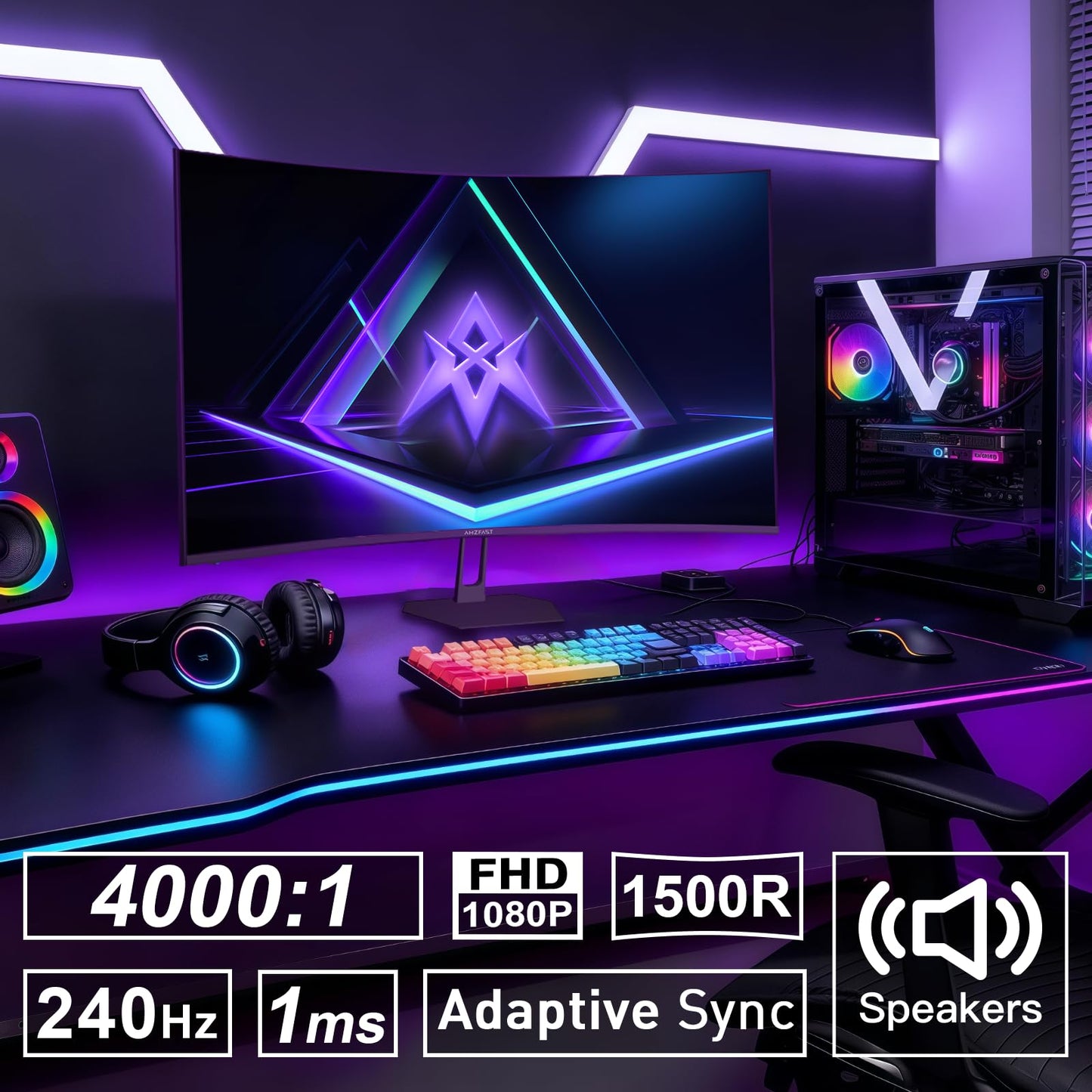 Amzfast 27 inch 240Hz Curved Monitor, FHD 1080p Gaming Monitor, Built-in Speakers, FreeSync, MPRT 1ms, 130% sRGB, 4000:1, 1500R, VESA Mount, HDMI 2.0&DP 1.4, 12 Months Warranty Exchange, AMZG27C1 Pro