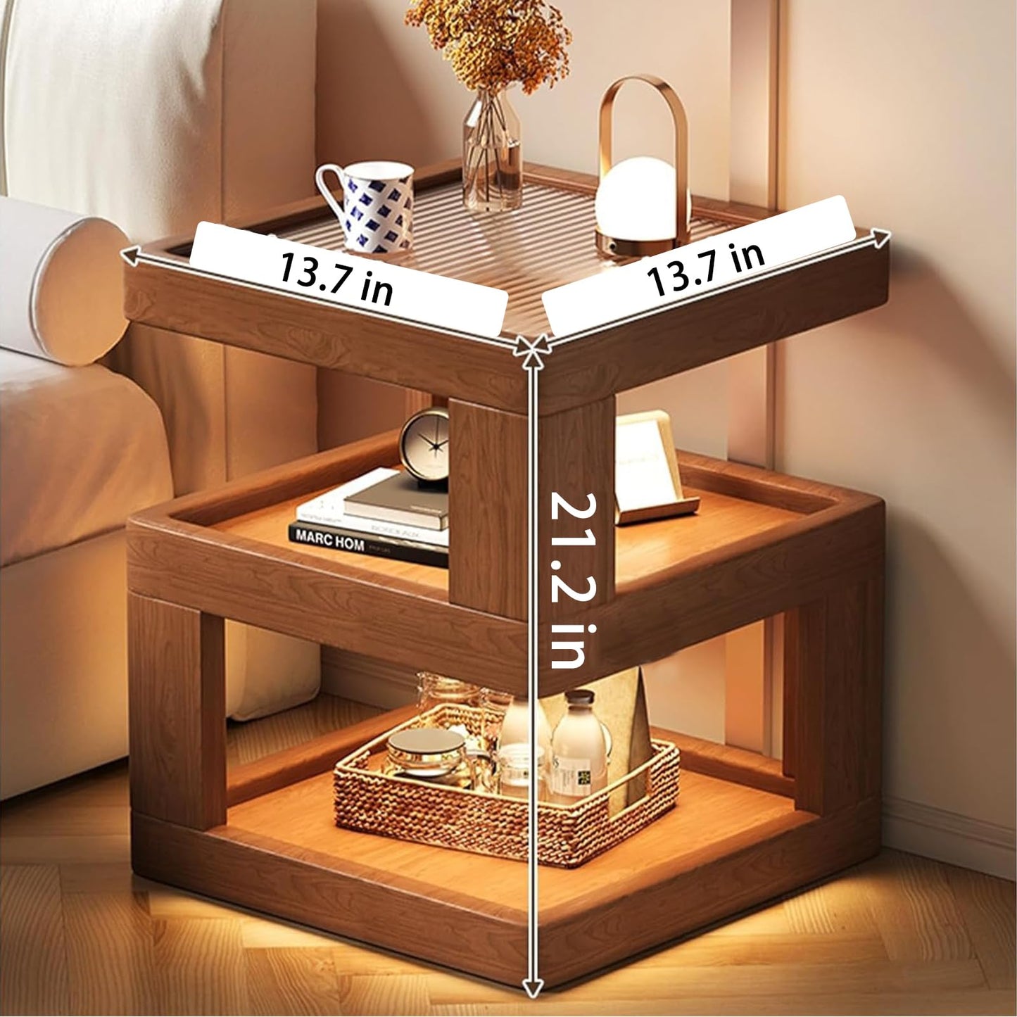 Nightstand 3-Tier Storage, End Side Table with Tempered Glass Desktop, Modern Solid Wood Bedside Table for Bedroom, Walnut