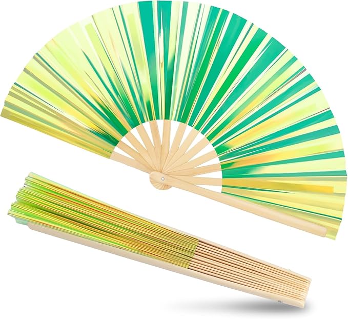 Folding Hand Fan, 13 Inch Glitter Green Rave Decorative Hand Fans for Line Dancing Handheld Crafts for Festivals, Rainbow ...