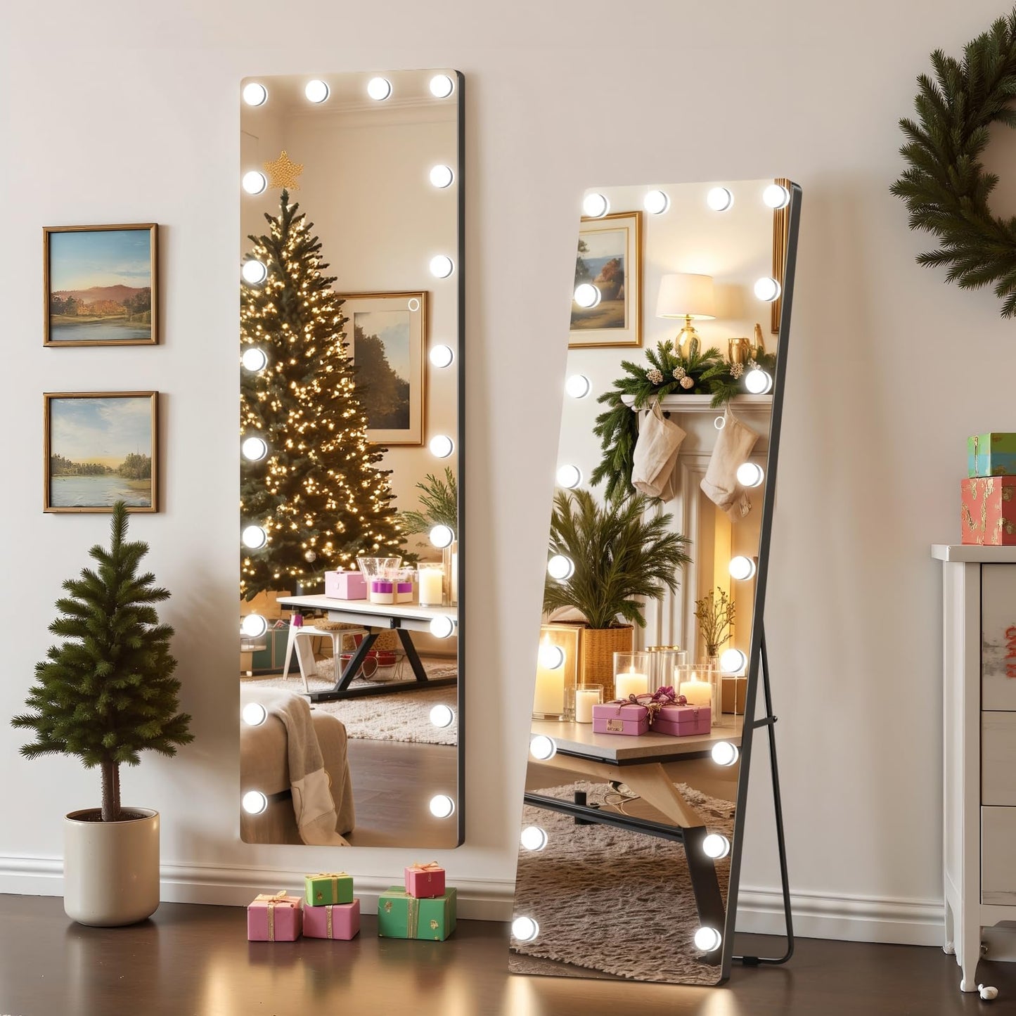 Kosmonia 62x20 Hollywood Full Length Mirror with Light, 20 Dimmable Bulbs & 3 Color Smart Touch Control, Distortion Free, Tempered Glass, Safe Full Body Mirrors with Stand