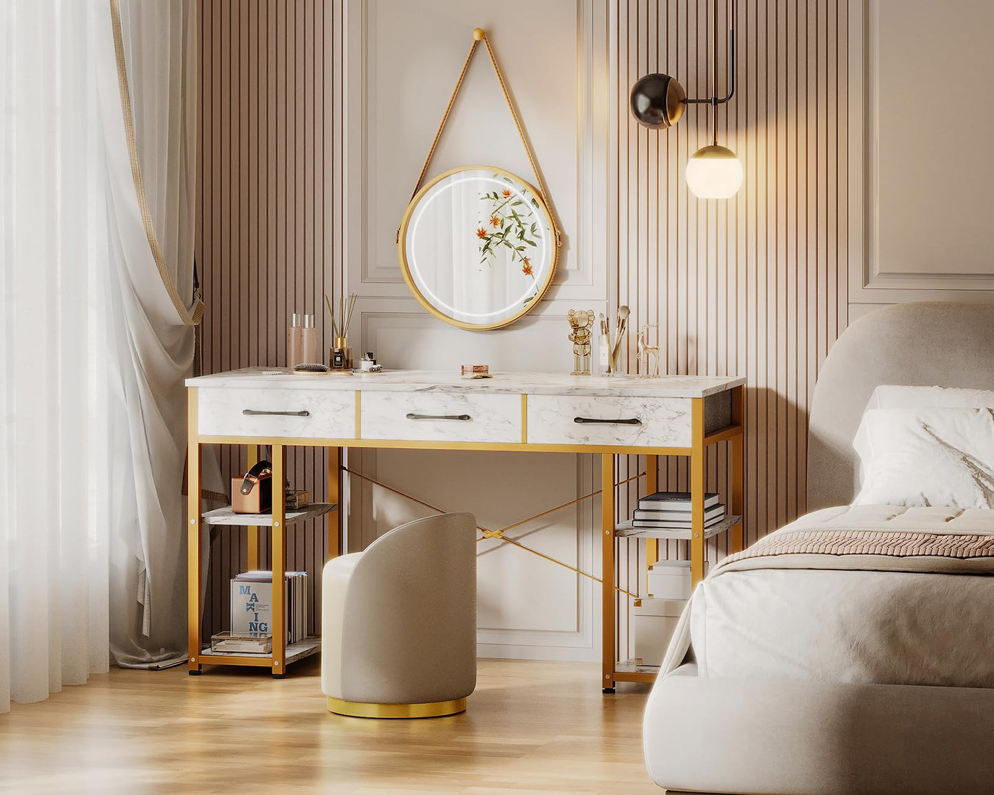 ODK Vanity Desk with 3 Fabric Drawers & Storage Shelves, Makeup Dressing Table, Home Office Desks for Bedroom, Small Modern Writing Desk for Girls Bedroom, White and Gold, 48"x16" (No Mirror)