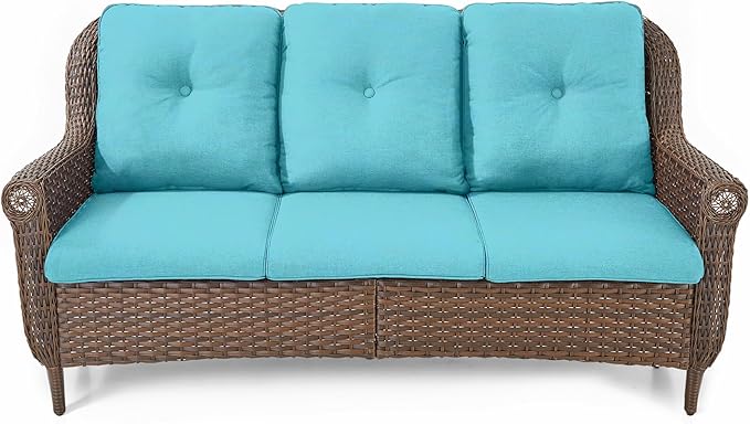 ACTREST Patio Sofa Outdoor Wicker Couch - Heavy Duty All-Weather Brown Rattan 3-Seater with High Back and Comfortable Thick Cushions for Garden Back Porch Poolside Apartment - Turquoise