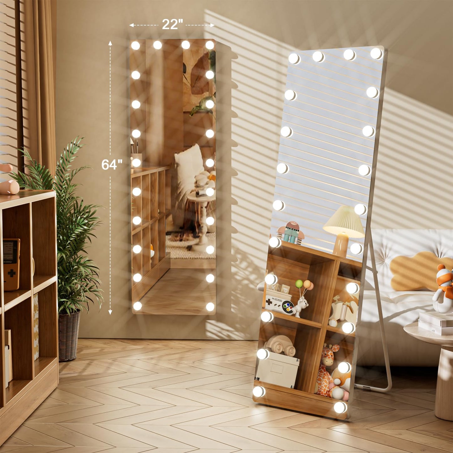 Kosmonia 64x22 Hollywood Full Length Mirror with Light, 22 Dimmable Bulbs & 3 Color Smart Touch Control, Distortion Free, Tempered Glass, Safe Full Body Mirrors with Stand