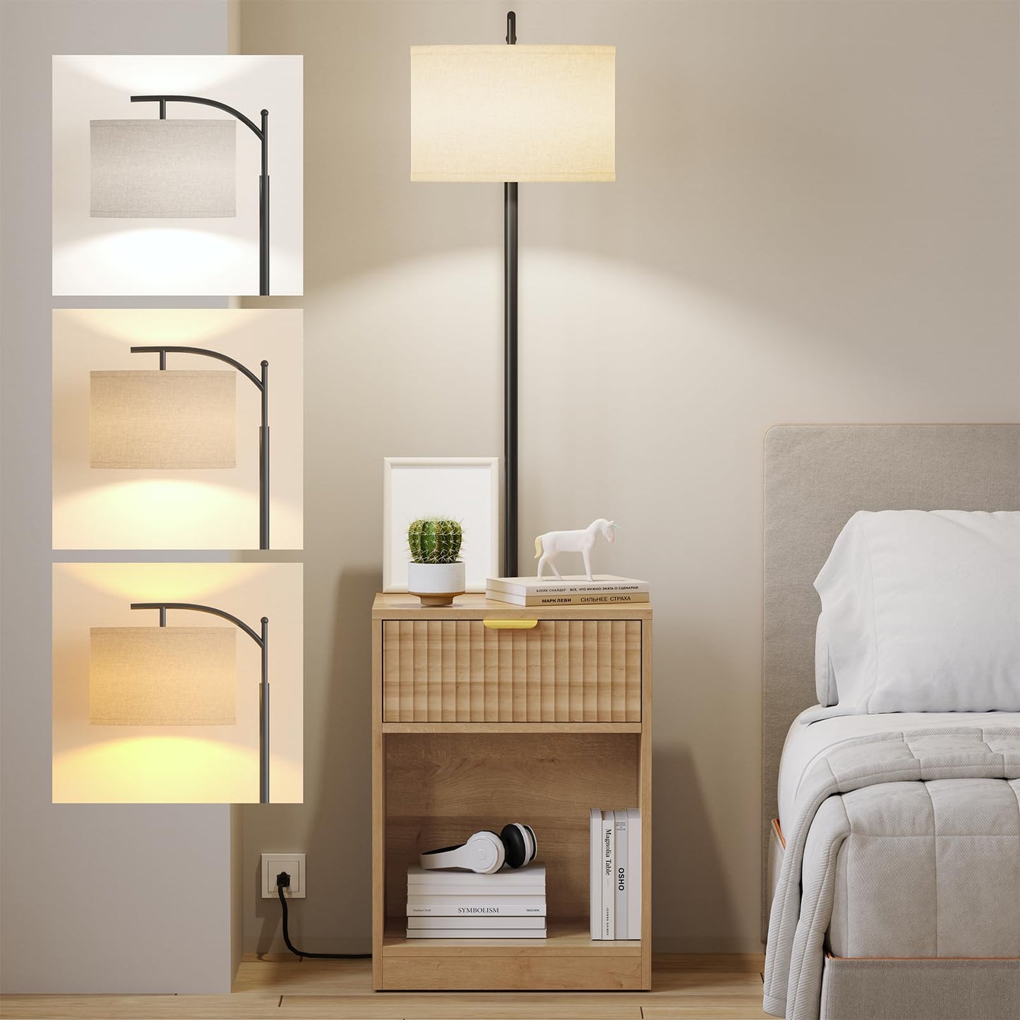 TVU Floor Lamp with Table & Drawers, End Table with Lamp and Charging Station, Modern Fluted Side Table Lamp with 3 Color Temperature Led Bulb, Floor Lamps for Living Room, Natural
