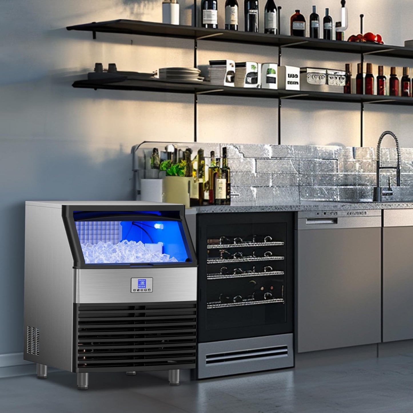 Commercial Ice Maker Machine 450LBS/24H, Under Counter Ice Machine, Upgrade Compressor 120LBS Storage Bin, Stainless Freestanding Commercial Ice Maker for Home Bar Cafe Office