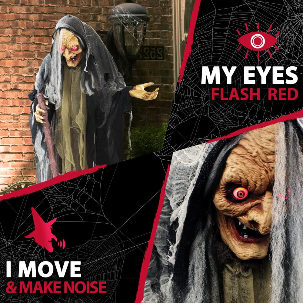 Haunted Hill Farm Life-Size Scary Poseable Talking Witch, Halloween Animatronic with Touch Activated Lights and Sound, Battery Operated Indoor or Covered Outdoor Halloween Decorations, Halloween Prop