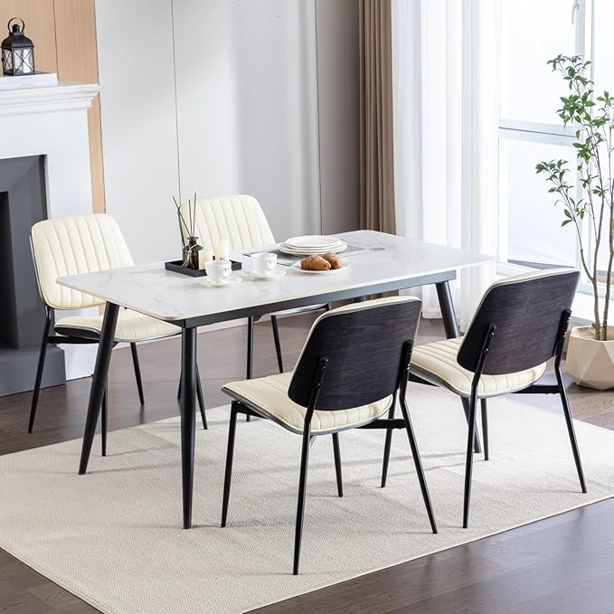 YaFiti Dining Chairs Set of 4, Mid Century Modern Accent Dining Room and Kitchen Chairs, Upholstered PU Leather Vertical Stripe Chairs for Vanity with Walnut Bentwood and Metal Legs, Beige