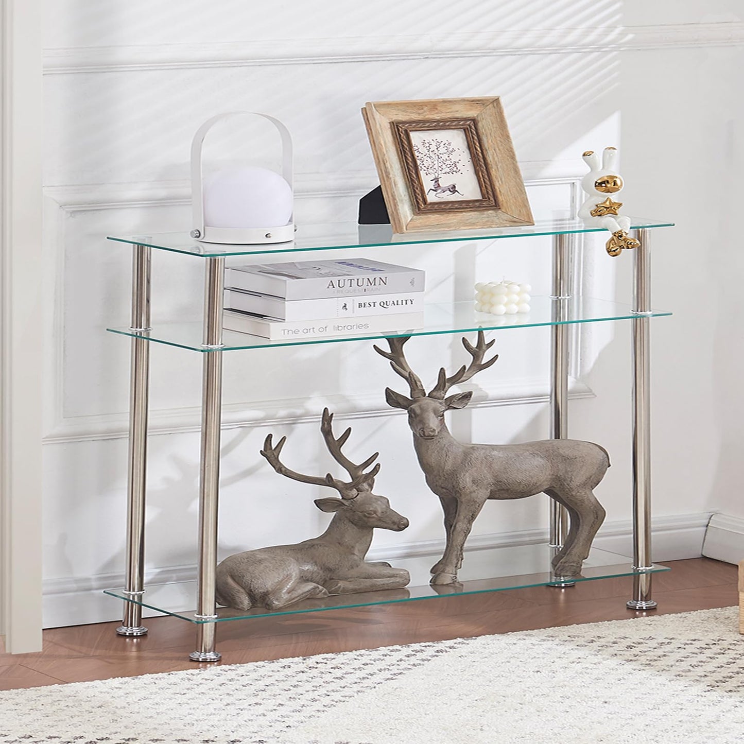 paonne Silver Glass Console Table for Entryway, Modern and Comtemporary 3 Tiers Glass Couch Table with Chrome Legs Living Room Hallway & Foyer Table