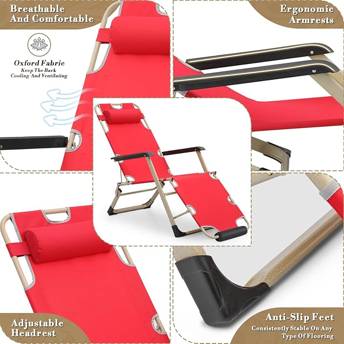 Athena Collection Zero Gravity Outdoor Lounge Chair Set of 2, 26" Width Reclining Pool Lounge Lawn Chairs Recliner with Headrest Foot Pad, Outdoor Chaise for Beach Patio Backyard Outside, Red