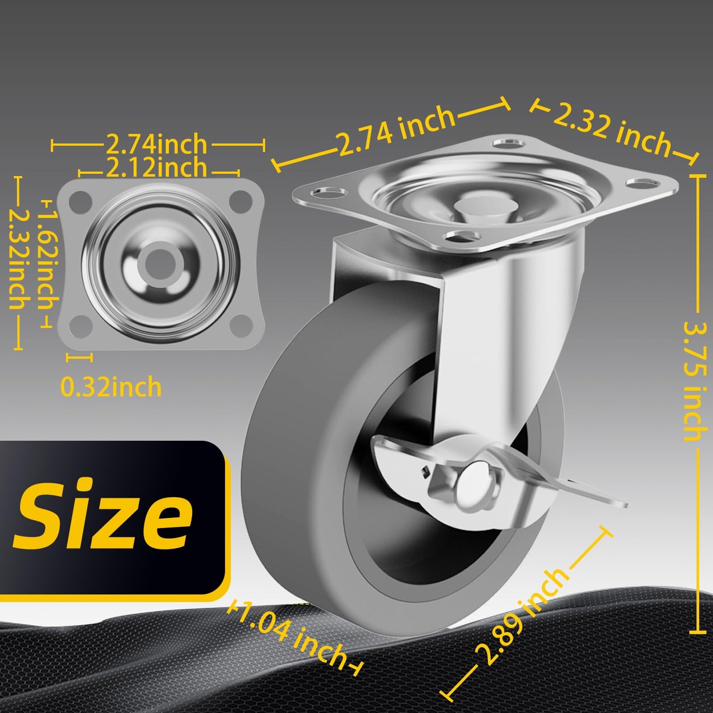 BOSGEOT 3 Inch Caster Wheels, Casters Set of 4, Heavy Duty Caster with Brake, Locking Castors with Rubber Wheel，Plate Swivel Caster Wheels for Furniture Cart and Workbench