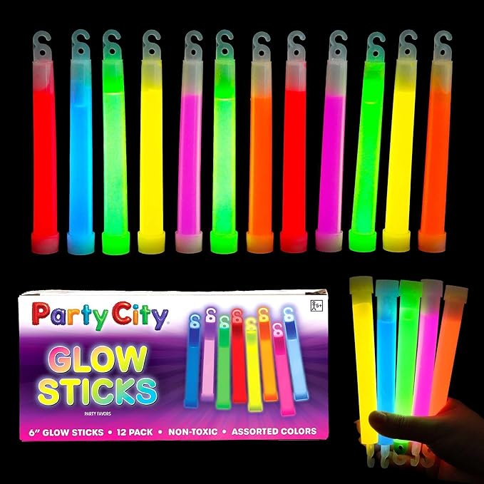 Party City Multicolor Glow Sticks Bulk Pack 6”- 12pk Glow in the Dark Sticks for Kids, Waterproof Camping Survival Ultra B...