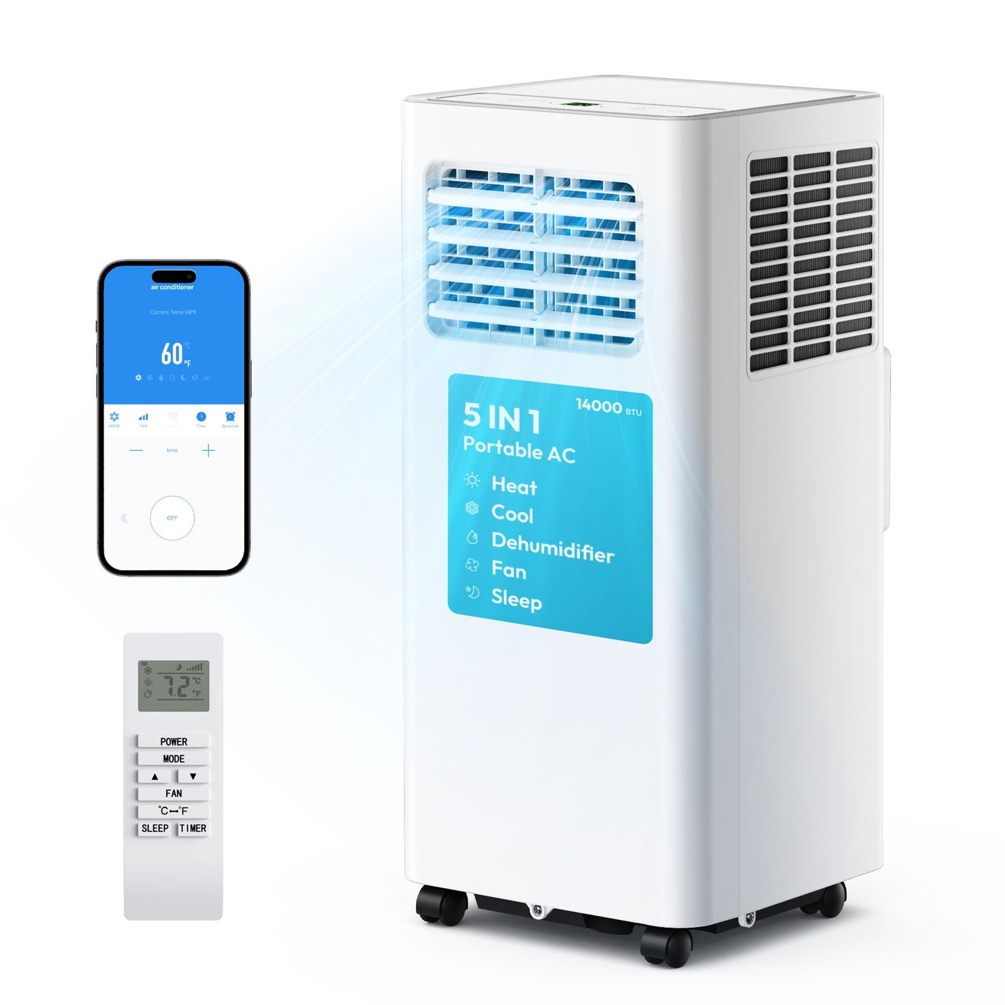 EUHOMY Portable Air Conditioners 14,000 BTU, 5-in-1 Portable AC Unit Up to 650 Sq.Ft. for Bedroom with Cool, Heat, Fan, Dehumidifier, Sleep, AC Units with LED Remote & 24H Timer, Installation Kits