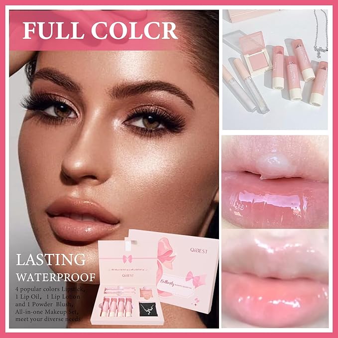 Makeup Set for Women, 8 Pcs Gift Box Set Include Matte Lipstick, Lip Oil, lip Lotion, Blush and Necklace, Easy to Match with Different Makeups, Christmas Makeup Set Gift for Girls-03