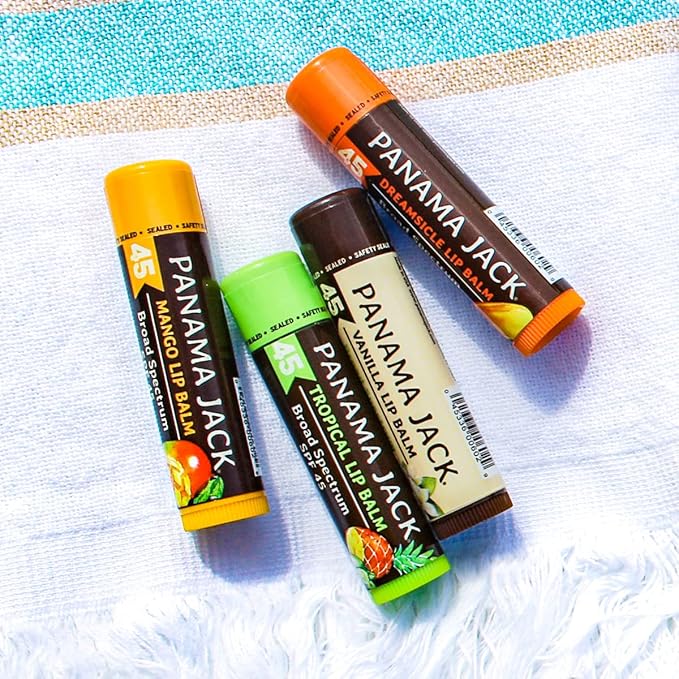 Panama Jack Sunscreen Lip Balm - SPF 45, Broad Spectrum UVA-UVB Sunscreen Protection, Prevents & Soothes Dry, Chapped Lips, Tropical, 7-pack