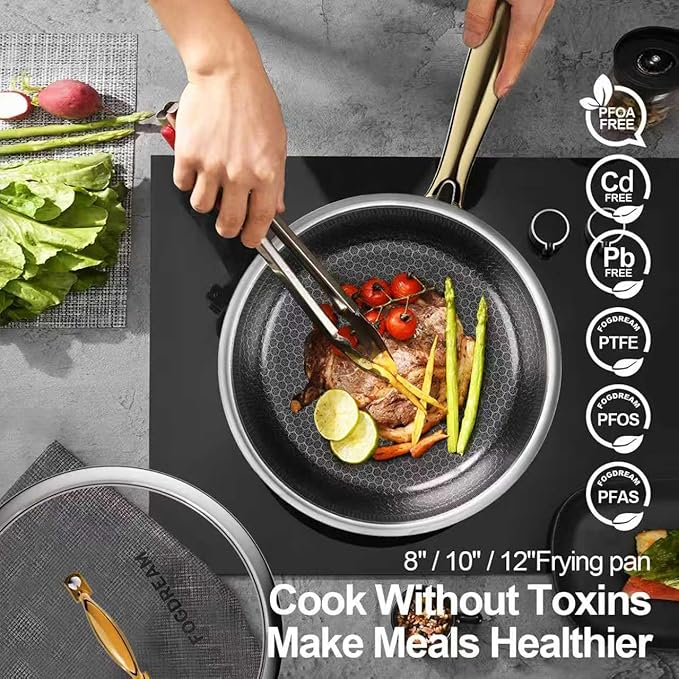 FogDream 2 Pcs Non Stick Frying Pans with 2 Lids, 10 & 11 Inch Stainless Steel Skillets, Tri-Ply Stainless Steel for All Cooktops, Dishwasher & Oven-Safe Cooking Pan, Stay-Cool Handle, Gold