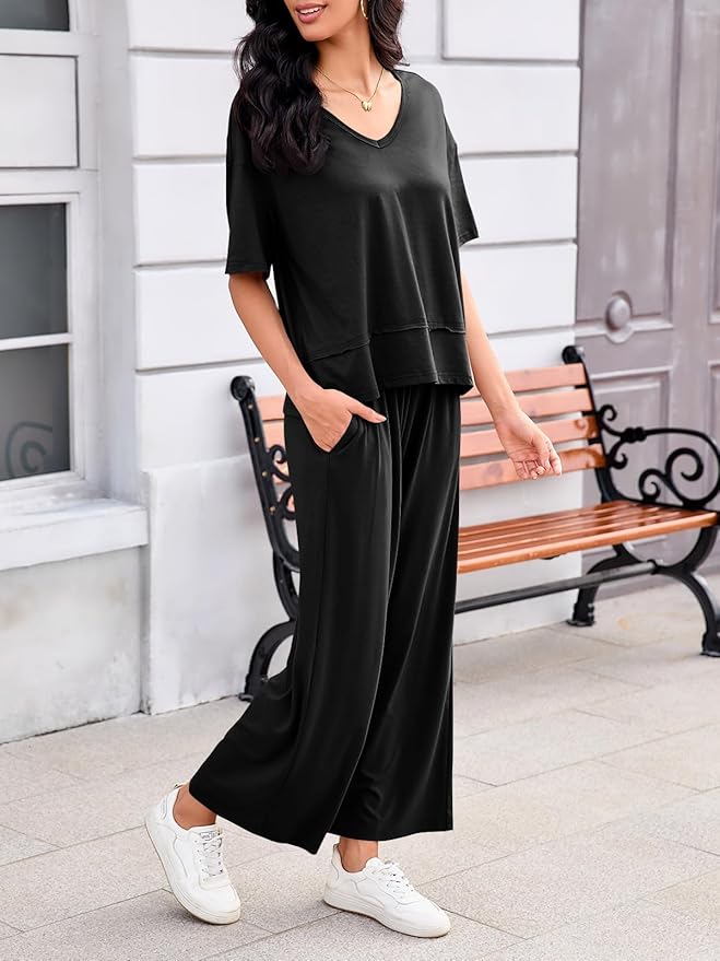 Tankaneo Womens 2 Piece Sets Casual Tracksuits Short Sleeve Tops Wide Leg Pants Outfits Lounge Sets