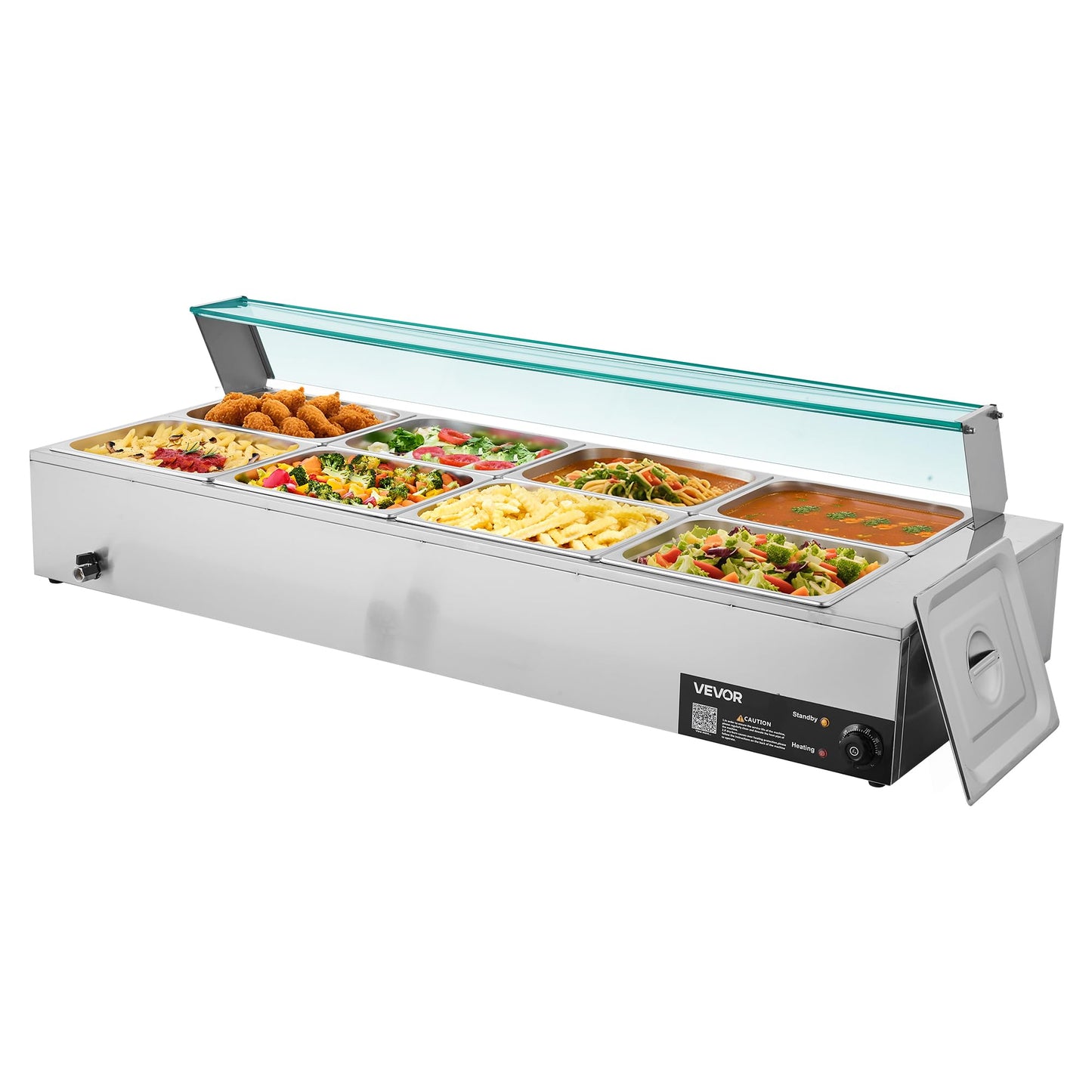 VEVOR Commercial Food Warmer, 1700W Electric Stainless Steel Steam Food Warmer with Glass Cover, 8-Pan Countertop Buffet Bain Marie with Soup & Perforated Ladles, for Catering, Restaurant & Party