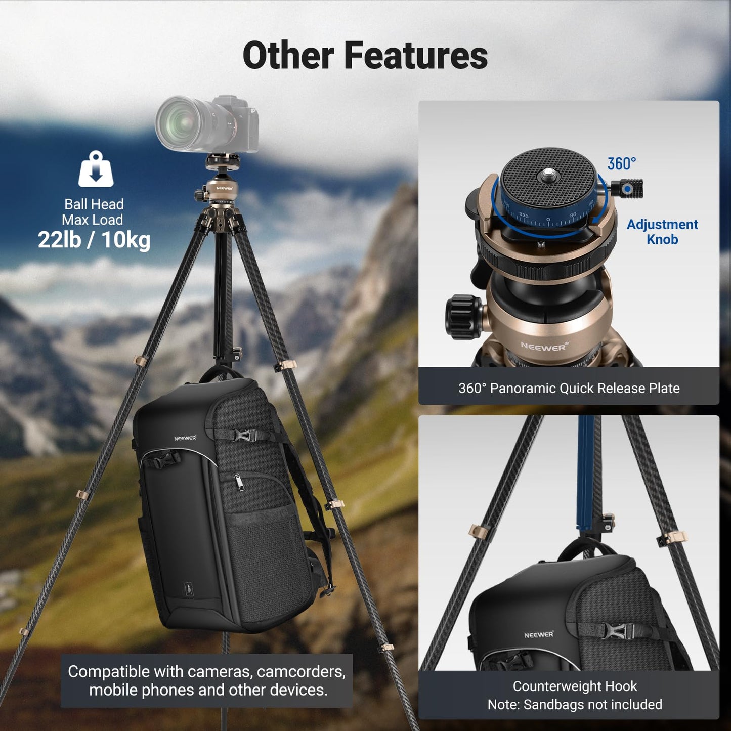 NEEWER LITETRIP Carbon Fiber Travel Tripod with Pan Tilt Low Profile Ball Head,62.4" DSLR Camera Phone Holder Stand Compatible with PD V3 Plates iPhone, 2 Center Columns,Max Load 22 lb, LT39