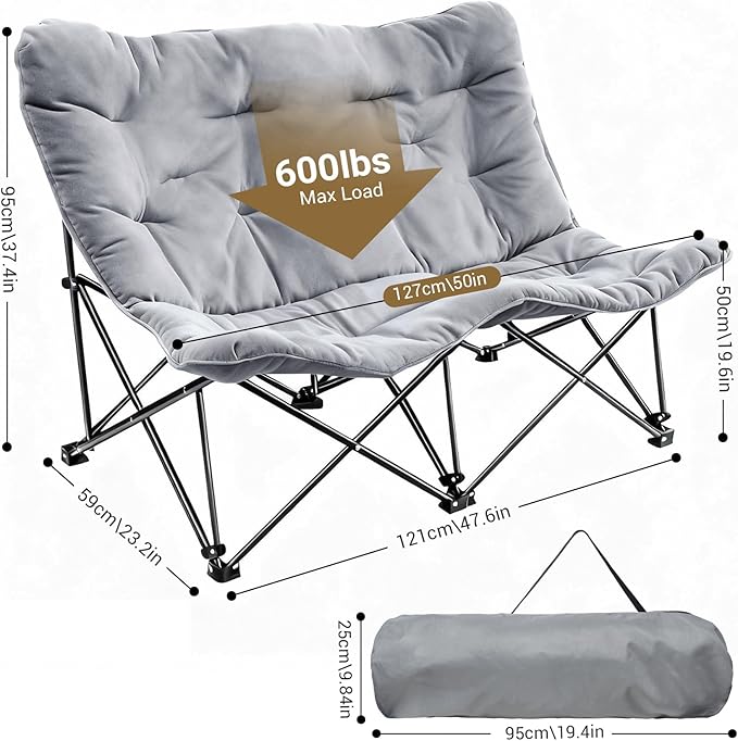 WTVIDAS Oversized Padded Double Camping Chair with High Back Heavy Duty Folding Comfy Chair Butterfly Chair for Adults Lawn Patio Outdoor