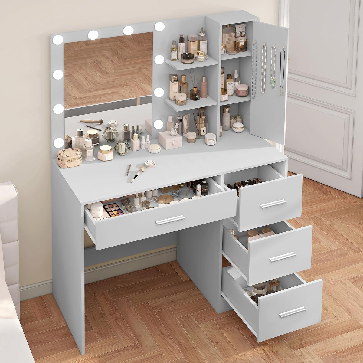 usikey Makeup Vanity with Lights, Vanity Desk with Mirror and 10 LED Lights, Vanity Table Set with 4 Drawers, Cabinet & 4 Necklace Hooks, Dressing Table for Bedroom, Grey