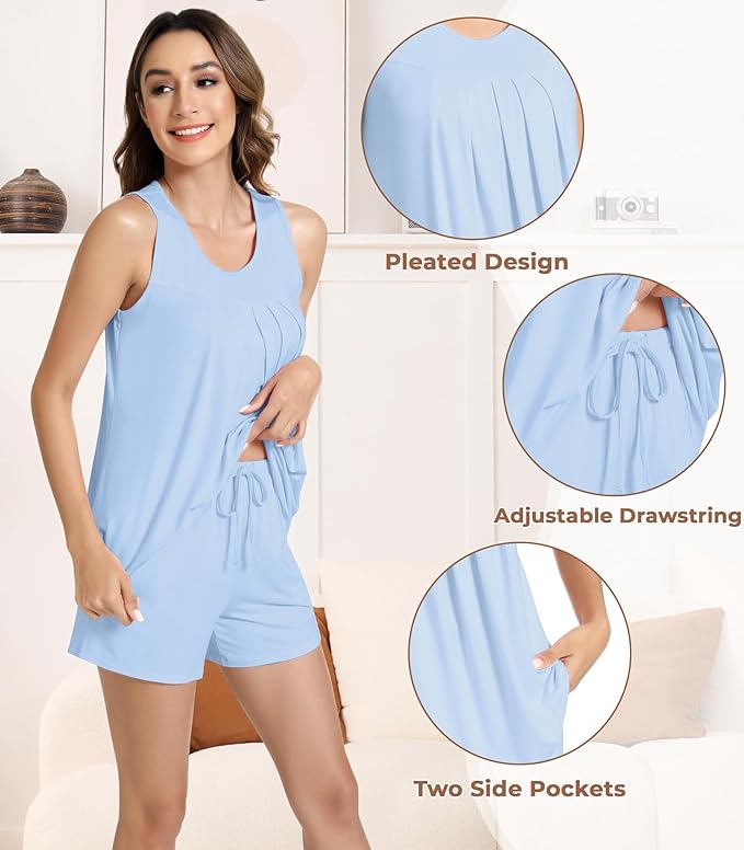 NACHILA Pajamas for Women-Viscose from Bamboo, Ribbed Racerback Tank Top Sexy Split Shorts Pajama Sets Cooling Sleep Cami Pjs