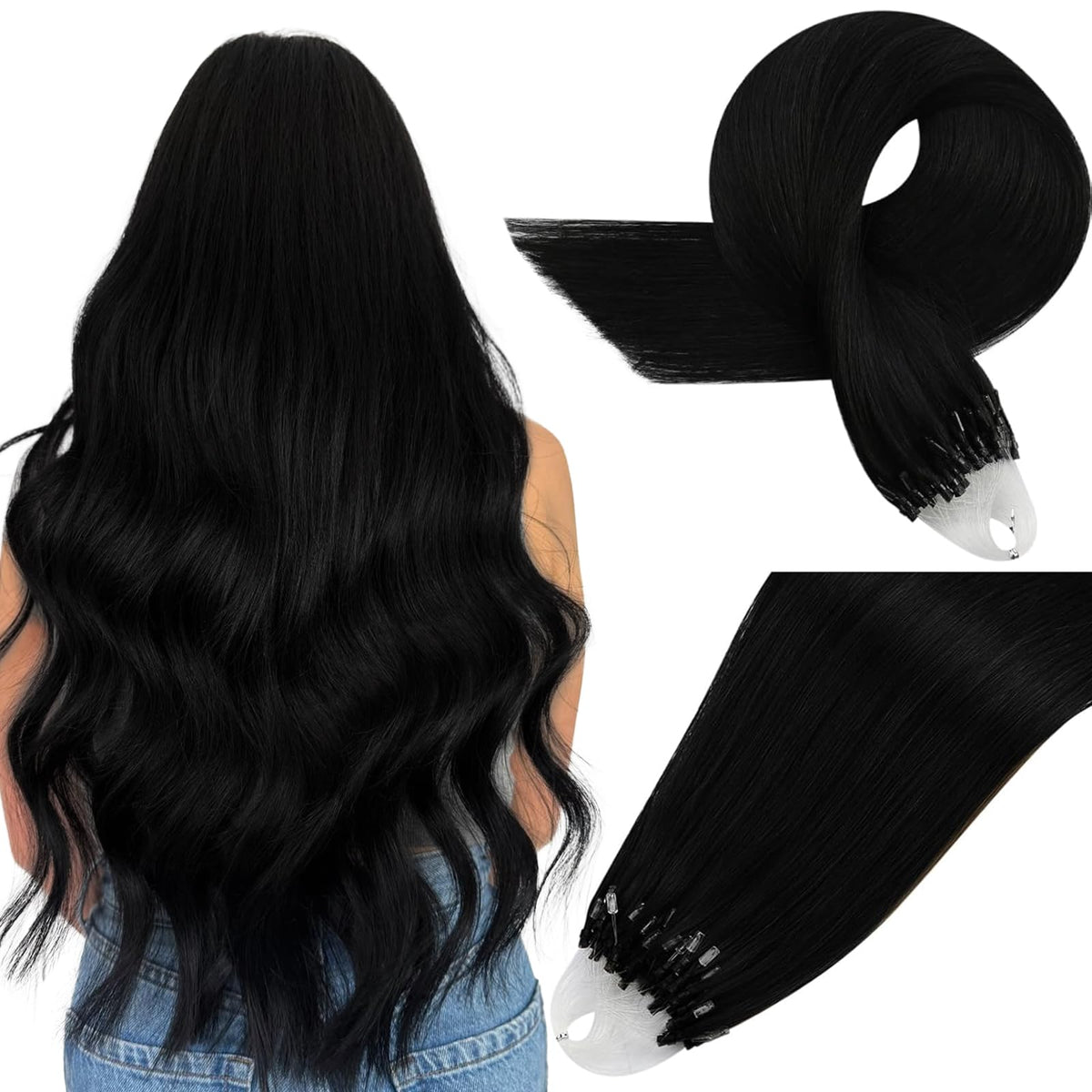 Easyouth Micro Hair Extensions Human Hair Black Micro Loop Hair Extensions Real Human Hair Jet Black 18 Inch 50g 50s Micro Link