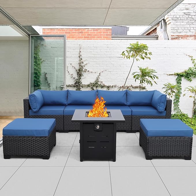 Lviden 7 Pieces Outdoor PE Wicker Furniture Set Patio Rattan Sectional Conversation Sofa Set with Navy Blue Cushions and Fire Pit Table