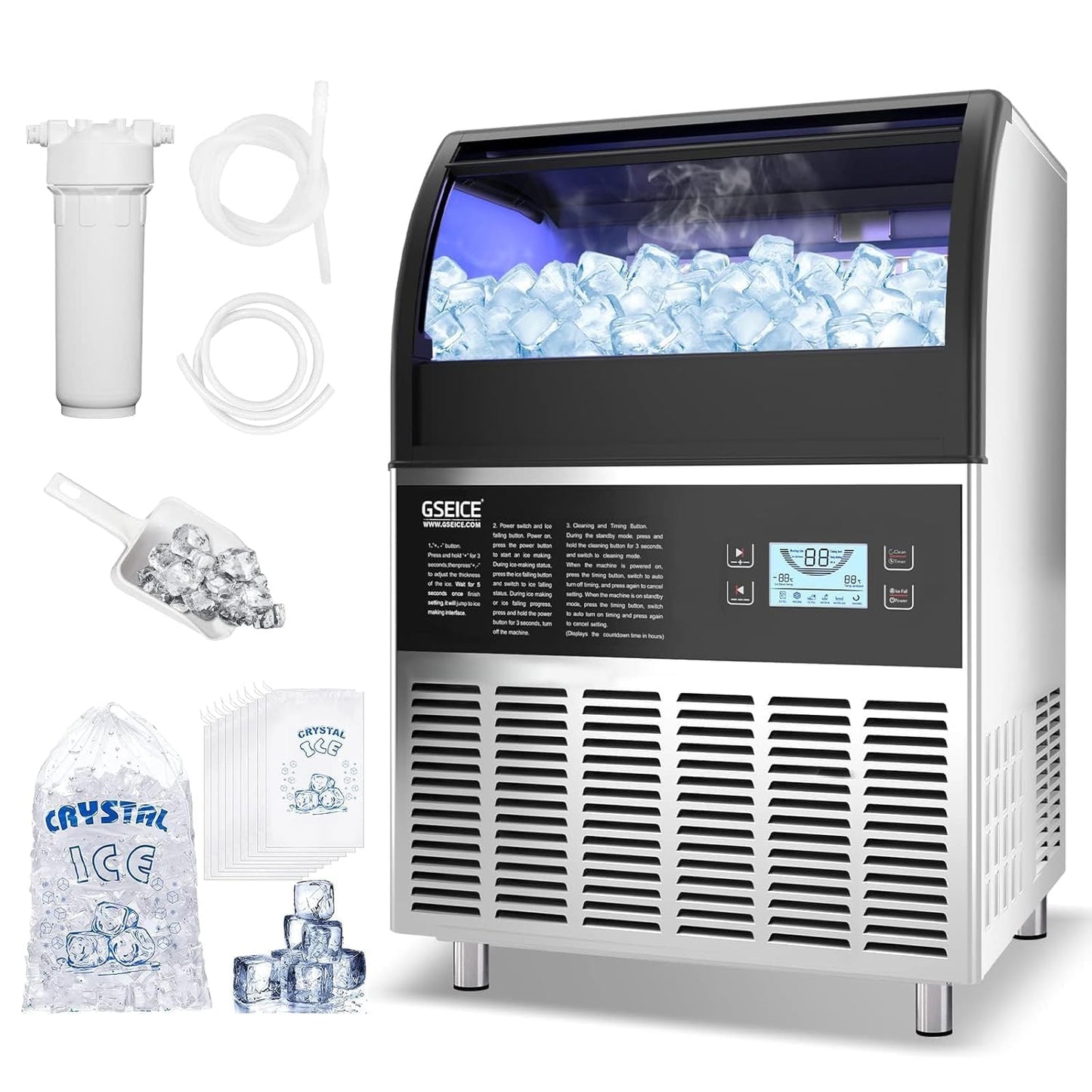 Commercial Ice Maker Machine - 300LBS/24H Under Counter Ice Machine with 70LBS Storage Bin, 90 Ice Cubes in 11Min, Stainless Steel Freestanding Ice Making Machine for Home Bar Outdoor