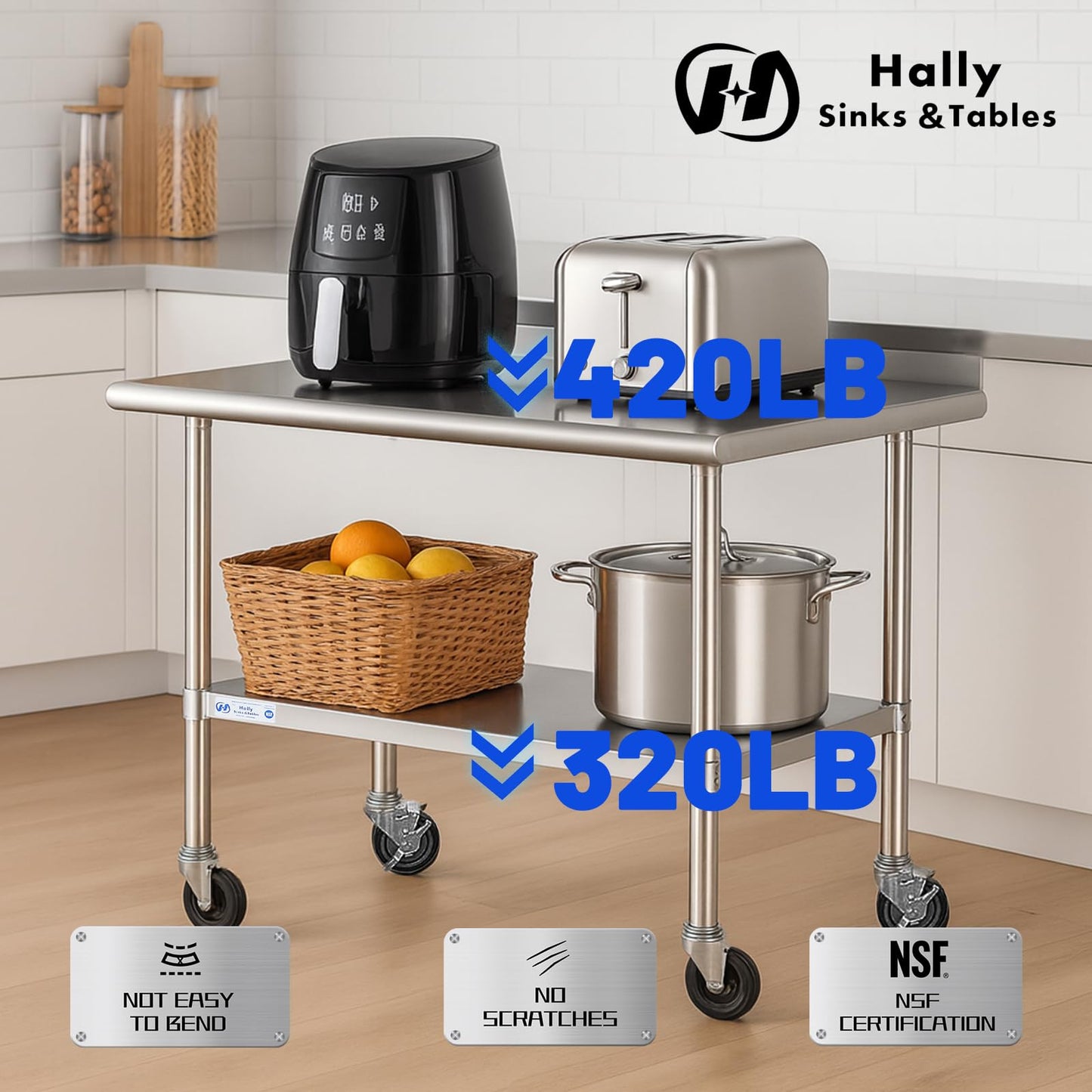 Hally Stainless Steel Table for Prep & Work 24 x 30 Inches with Caster Wheels, NSF Commercial Heavy Duty Table with Undershelf and Backsplash for Restaurant, Home and Hotel