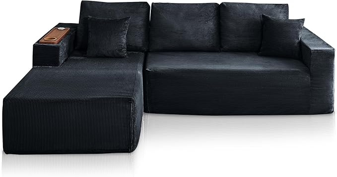 Modular Sectional Sofa Cloud Couch with Multi-Functional Armrests, Boneless Plush L-Shape Living Room Couch with Deep Seat, Fluffy Comfy Sleeper Sofa Easy Assembly (Black, Right Chaise)