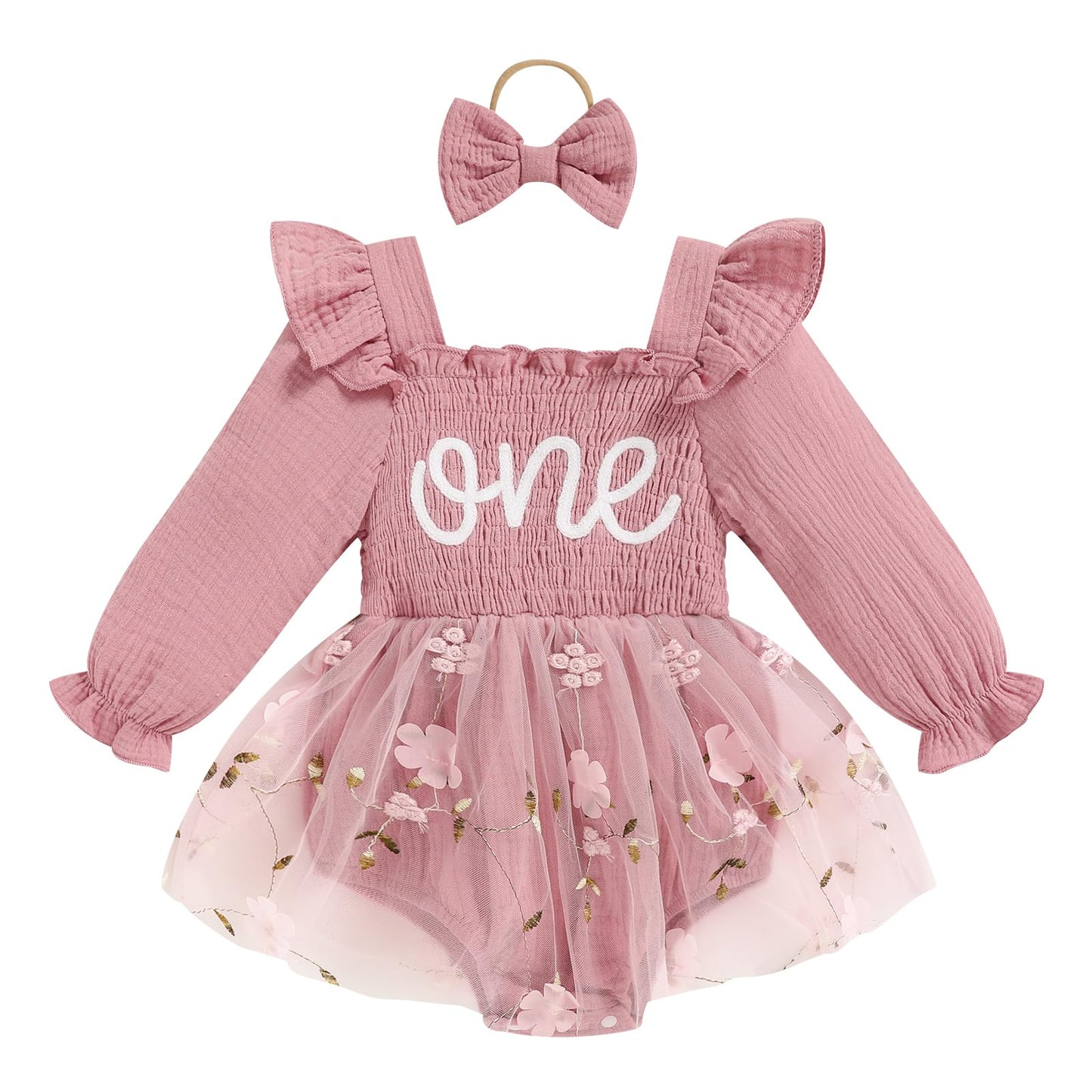 TITKKOP Baby Girl 1st Birthday Clothes One Year Old Tulle Romper Long Sleeve Bodysuit Cake Smash Outfits(rose pink,12-18M)