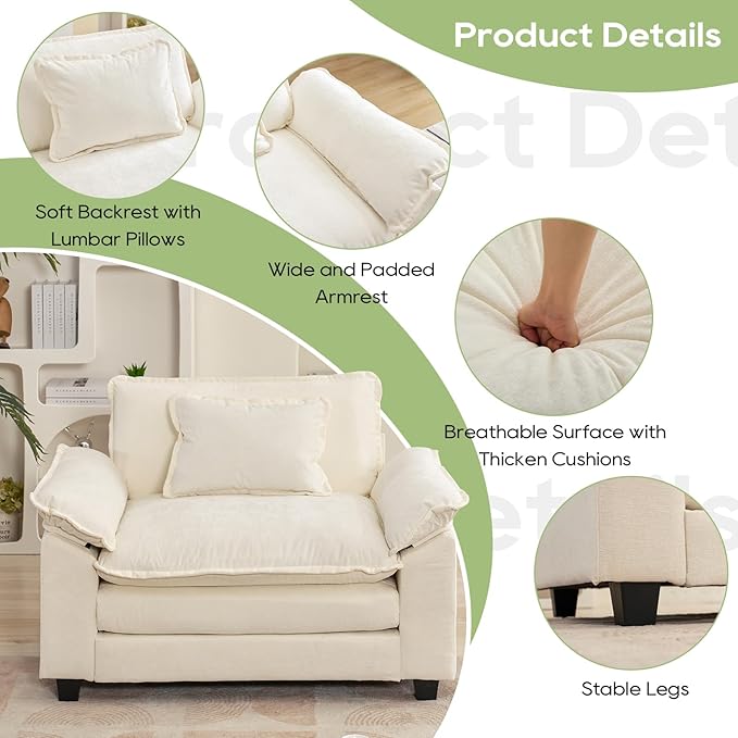 Oprisen Modular Sectional Sofa, Comfy Cloud Couch Sectional Sofa, Chenille Sofa Sleeper Deep Seat Sofa with Throw Pillows for Living Room (Beige White, 53"- Single Seat)