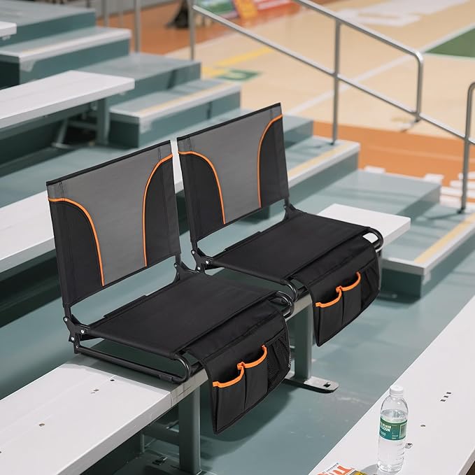 GREEN PARTY Portable Folding Stadium Seats Extra Wide 20.1" Chair for Bleachers Set of 2 with 2 Storage Pockets & Mesh Cup Holder, 600D Oxford Fabric Comfortable Padded Cushion Back Support Black