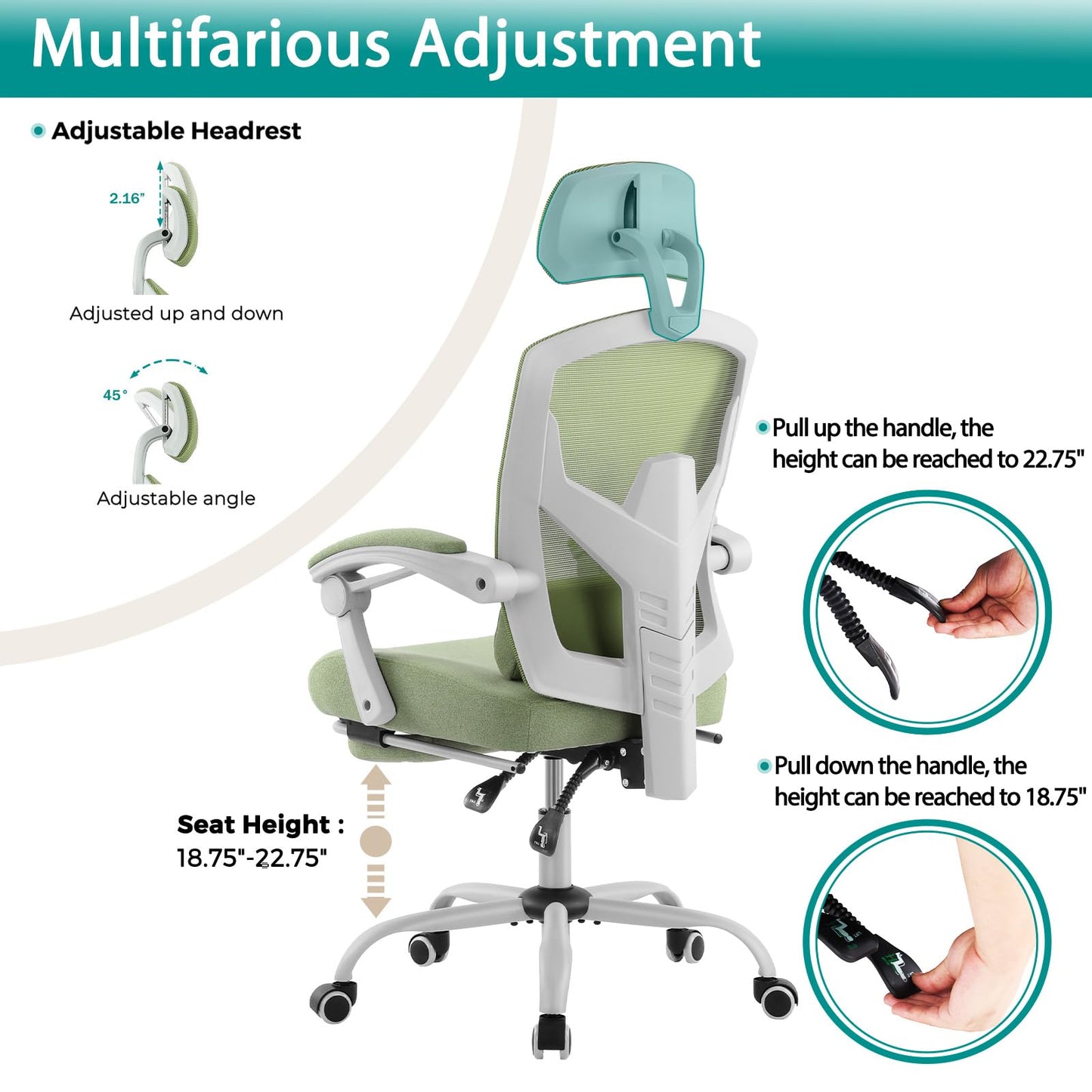 DUMOS Office Desk Chair with Footrest Ergonomic Gaming Chair for Adults Computer Mesh, Lumbar Support,Swivel Reclining with Headrest, Comfy Armrest for Home, Office, Work, Study, Light Green