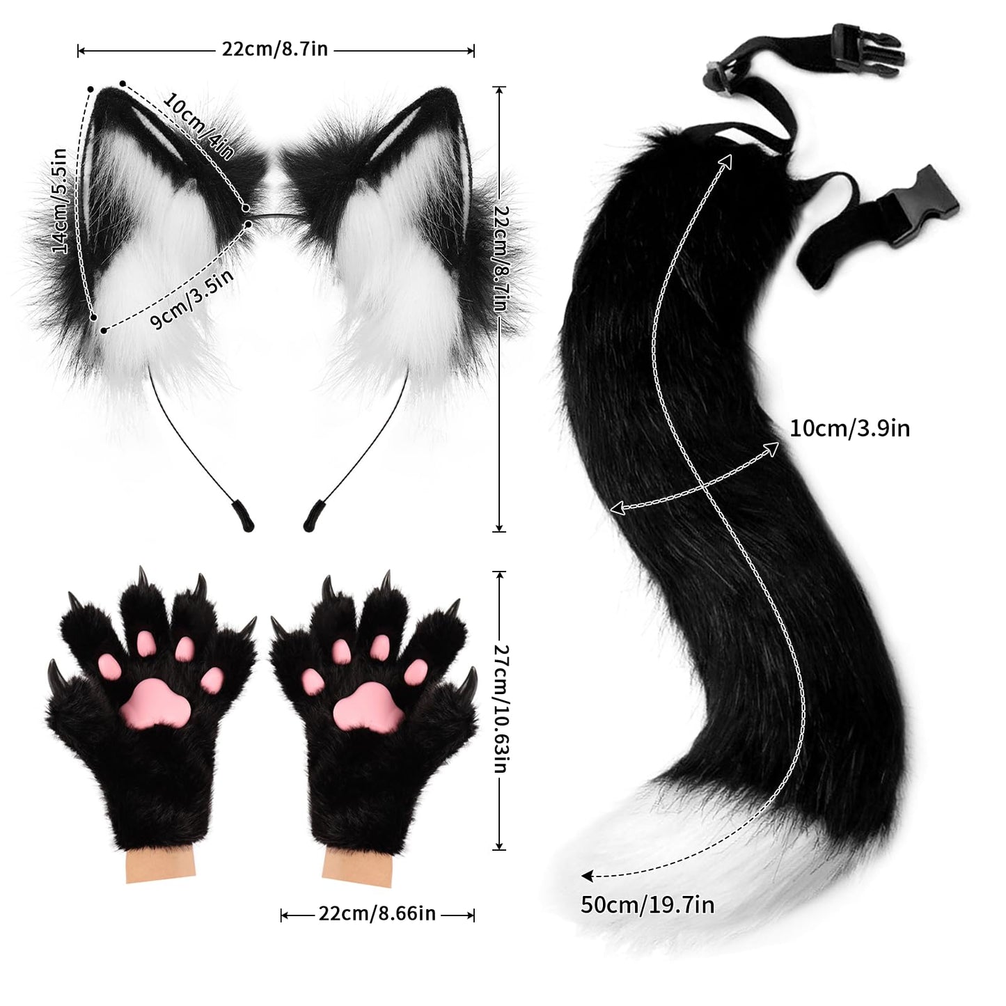 COSYEARS Fox Wolf Ears Headband Furry Tail Plush Cat Paw Mittens Gloves Set Halloween Party Cosplay Costumes Accessories