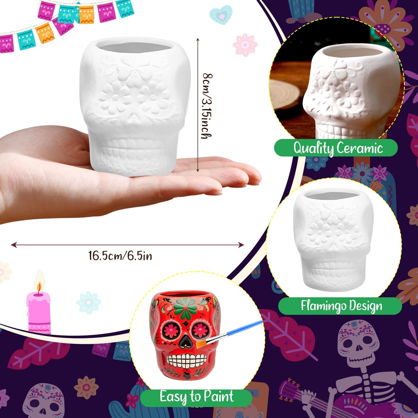 Pasimy 6 Set DIY Ceramic Succulent Planter Pots Paint Your Own Flower Pots Craft Kit Unpainted Bisque Paintable Flowerpot with Brush Palette Ready to Paint for Family Activity Gift (Skull)