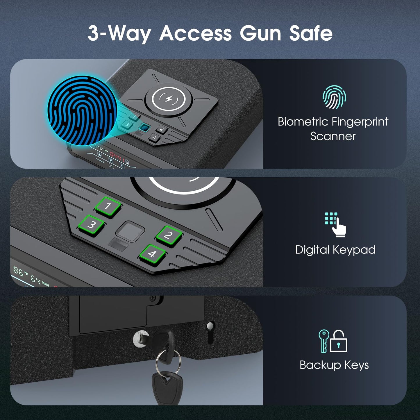 Gun Safe for Handgun Pistol Case - Biometric Quick Access Pistol Safe with Wireless Charging for Watch & Phone, 3-in-1 Fingerprint Keypad Key Lock Gun Box for Home Nightstand Bedside