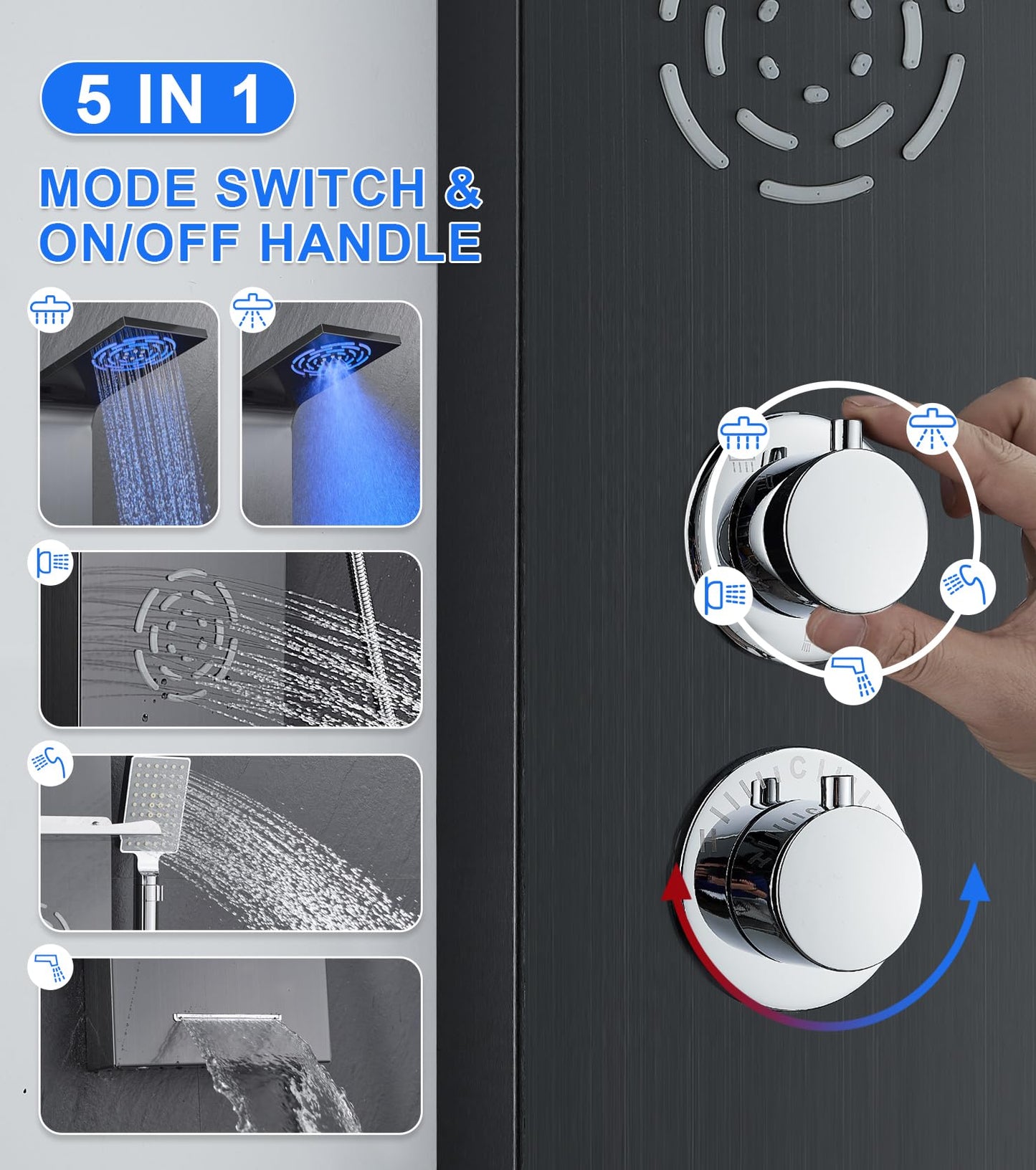 POPFLY Shower Panel, LED Rainfall & Waterfall Shower Head, 5-in-1 Shower System with Body Massage Jets, Handheld Spray, Tub Spout, Stainless Steel Wall Mounted Shower Tower, Brushed Nickel