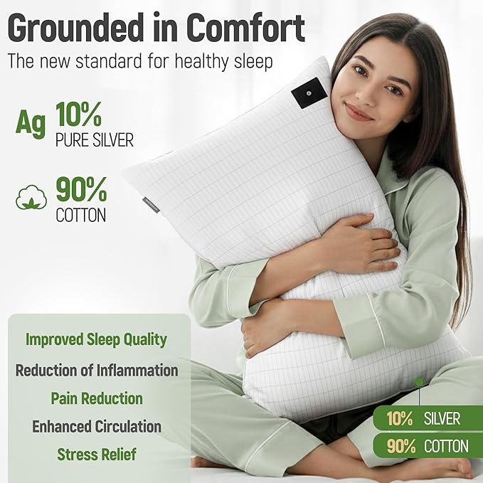 Groundingtop Grounding Pillowcase King with 10% Silver Fiber+90% Cotton Conductive Grounding Pillow Case 20x36in Silver Fiber Grounding Sheet Improve Sleep Anxiety Relief White 1pc