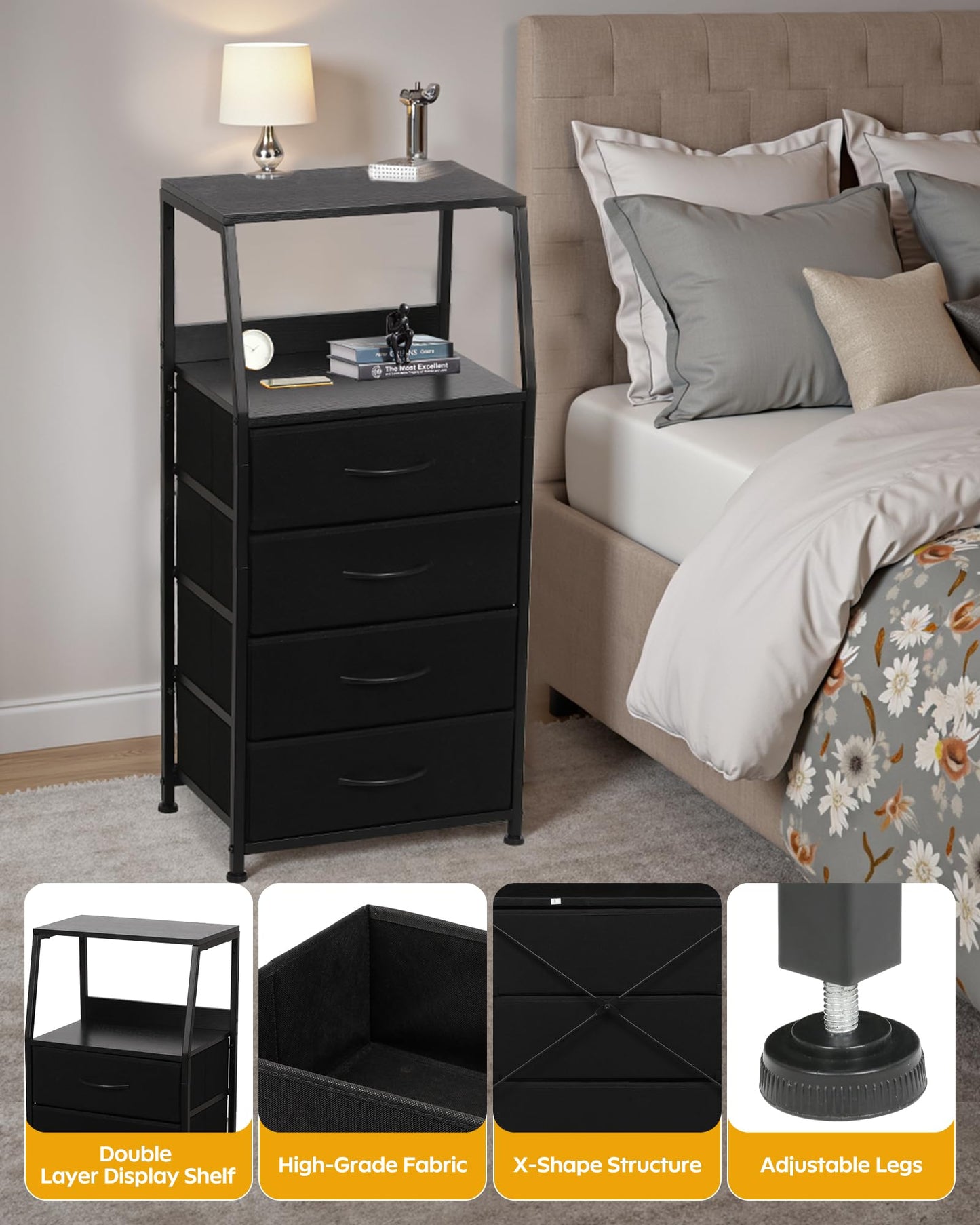 YNCLCS Dresser for Bedroom, Fabric Nightstand Tall Dresser & Chests of Drawers with 4 Drawers, Vertical Organizer Storage Tower Unit for Bedroom, Hallway, Entryway Black