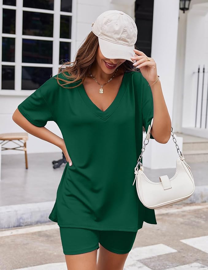 Ekouaer Womens Pajamas 2 Piece Lounge Sets Oversized V Neck T-Shirts Tops Biker Shorts Set Workout Reversible Tracksuit S-XXL
