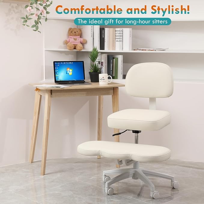 Qmetalart Cross Legged Office Chair,ADHD Friendly,Comfortable Meditation Criss Cross Chair with Wheels,Kneeling Chair for Home,Office,Adults,Teenagers,Fidgety Sitters,Posture Improvement,Cream White