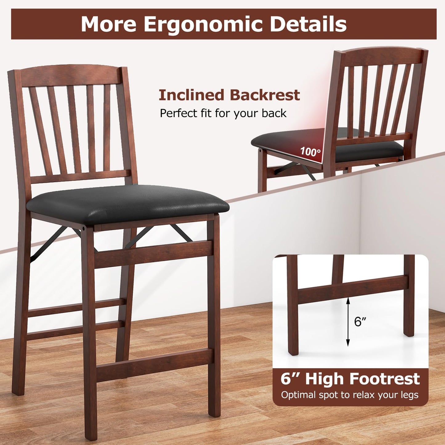 Giantex Folding Bar Stools Set of 2, 24.5" Counter Height Bar Dining Chairs with Back, Padded Seat, Footrest & Rubber Wood Legs, Upholstered Foldable Barstools for Kitchen Island, No Assembly Needed