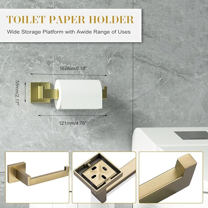 Bathroom Accessory Towel Bar Set: 5 Pieces Gold Bathroom Hardware Square SUS304 Stainless Steel - Wall Mounted Towel Rack&Toilet Paper Holder&Towel Ring and Towel Hook