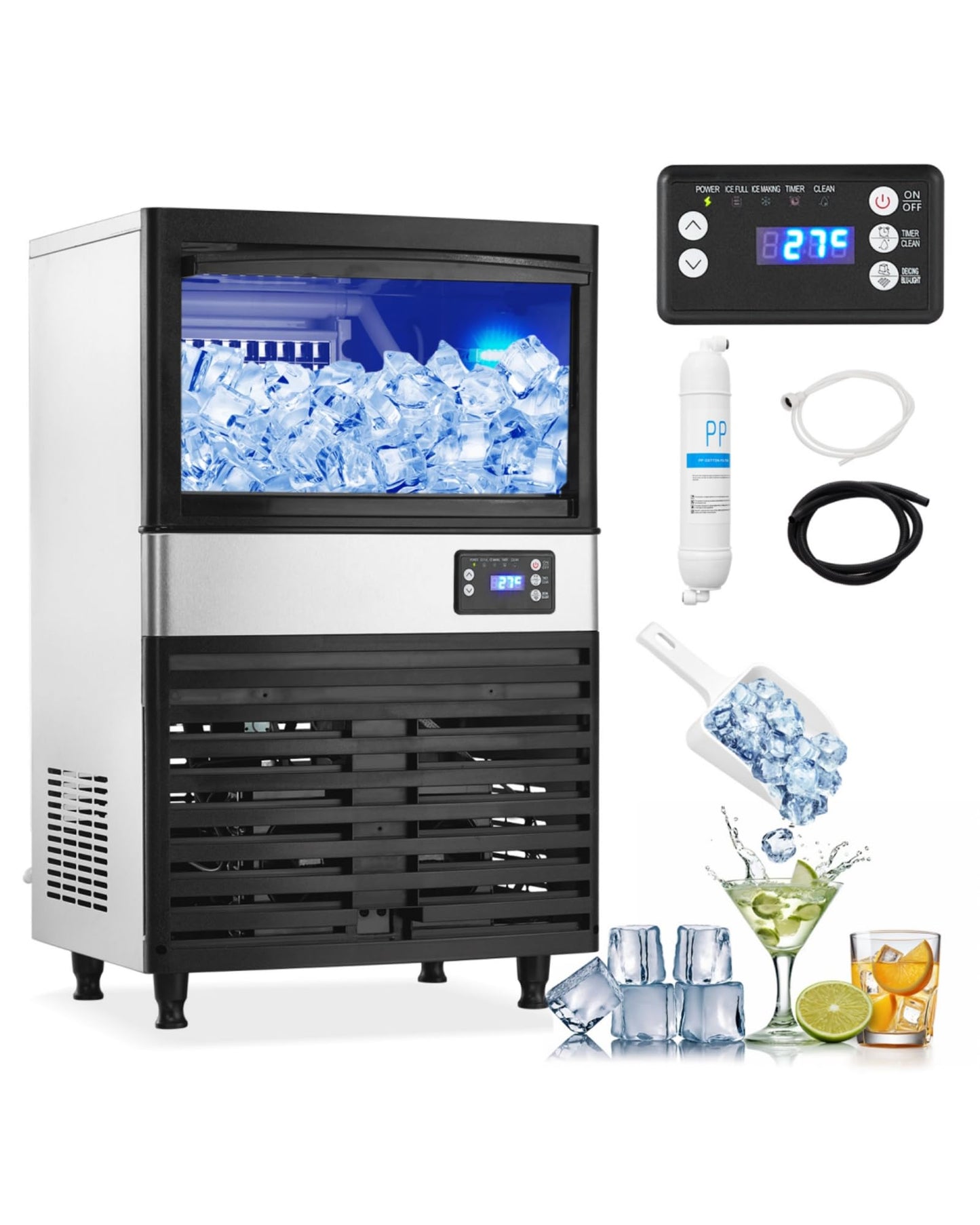 Commercial Ice Maker Machine, 150 Lbs/24H Ice Machine with 30 Lbs Storage Bin, Under Counter Ice Maker Machine with with Led Digital Display, Auto-Clean, Blue Light, Ideal for Home, Restaurant, Bar