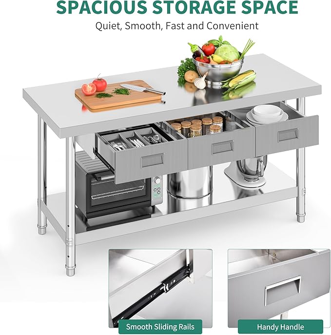YITAHOME 60" X 24" NSF Stainless Steel Table with 3 Drawers, Work Table with Drawer, Metal Table Prep Table for Commercial Home Kitchen Restaurant Garage Warehouse