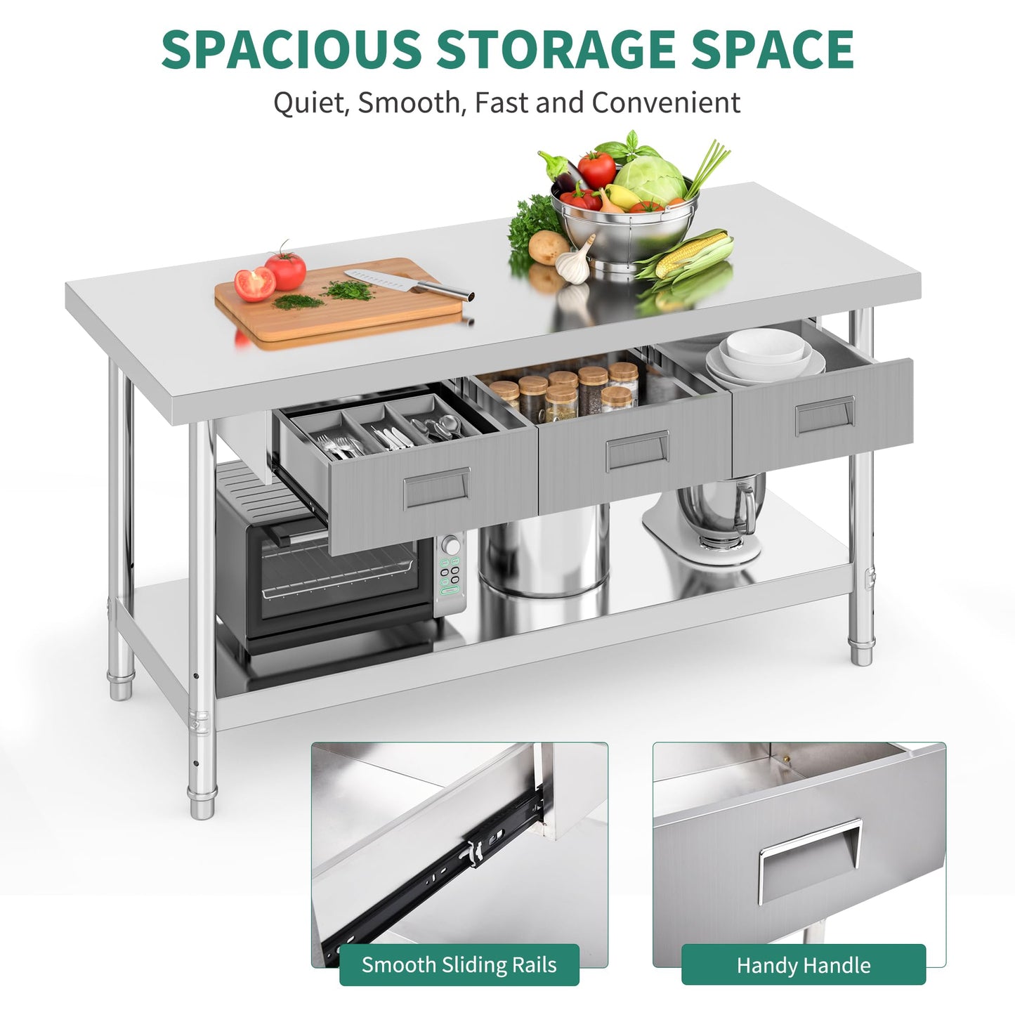 YITAHOME 60" X 24" NSF Stainless Steel Table with 3 Drawers, Work Table with Drawer, Metal Table Prep Table for Commercial Home Kitchen Restaurant Garage Warehouse